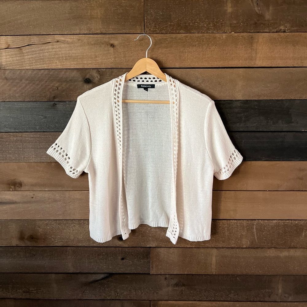 Relativity Cream Knit Open Front Short Sleeve Cardigan Minimal Layering Sweater